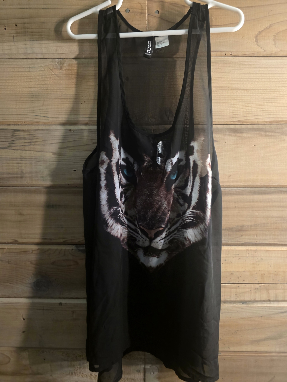Divided Black Sheer Tank with Tiger Face Graphic